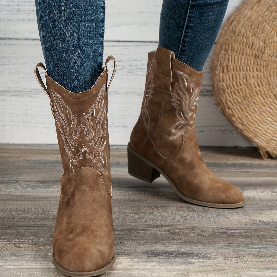 Damen Cowboystiefel Stickerei Blockabsatz Weiter Schaft Stiefel