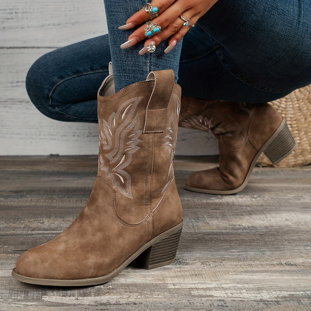 Damen Cowboystiefel Stickerei Blockabsatz Weiter Schaft Stiefel