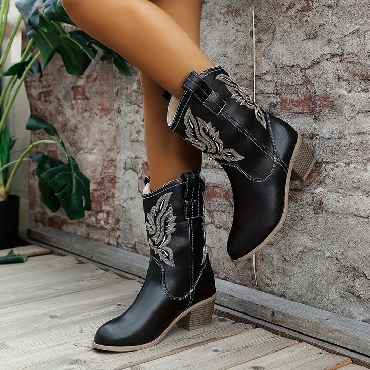 Damen Cowboystiefel Stickerei Blockabsatz Weiter Schaft Stiefel