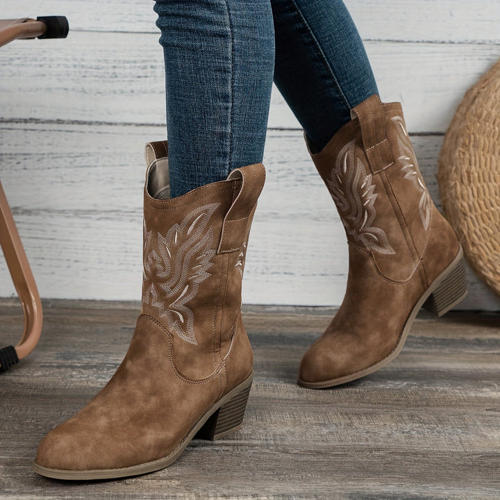Damen Cowboystiefel Stickerei Blockabsatz Weiter Schaft Stiefel