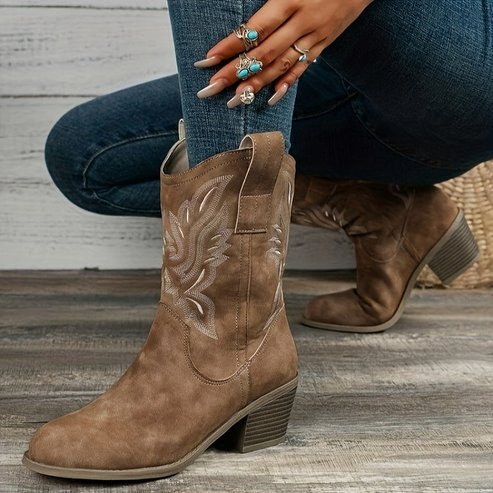 Damen Cowboystiefel Stickerei Blockabsatz Weiter Schaft Stiefel