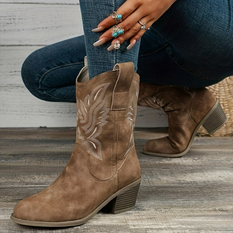 Damen Cowboystiefel Stickerei Blockabsatz Weiter Schaft Stiefel