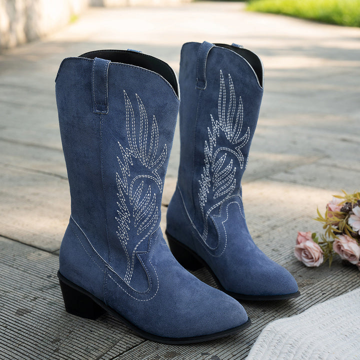Damen Westernstiefel Weiter Schaft Blockabsatz Cowboystiefel