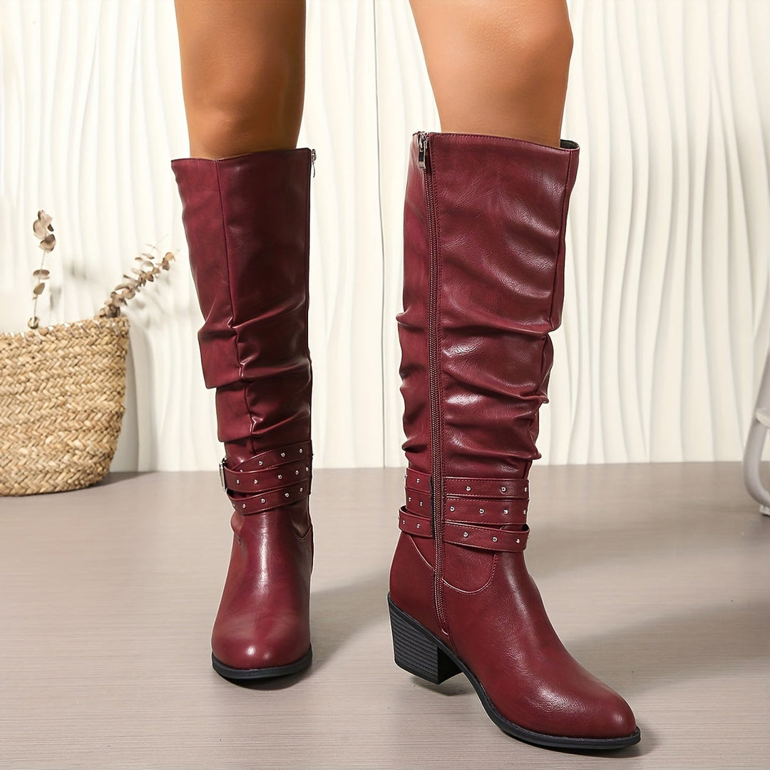 Damen Stiefel Schwarz Kniehoch Schnallen Blockabsatz Boots