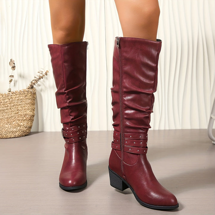 Damen Stiefel Schwarz Kniehoch Schnallen Blockabsatz Boots
