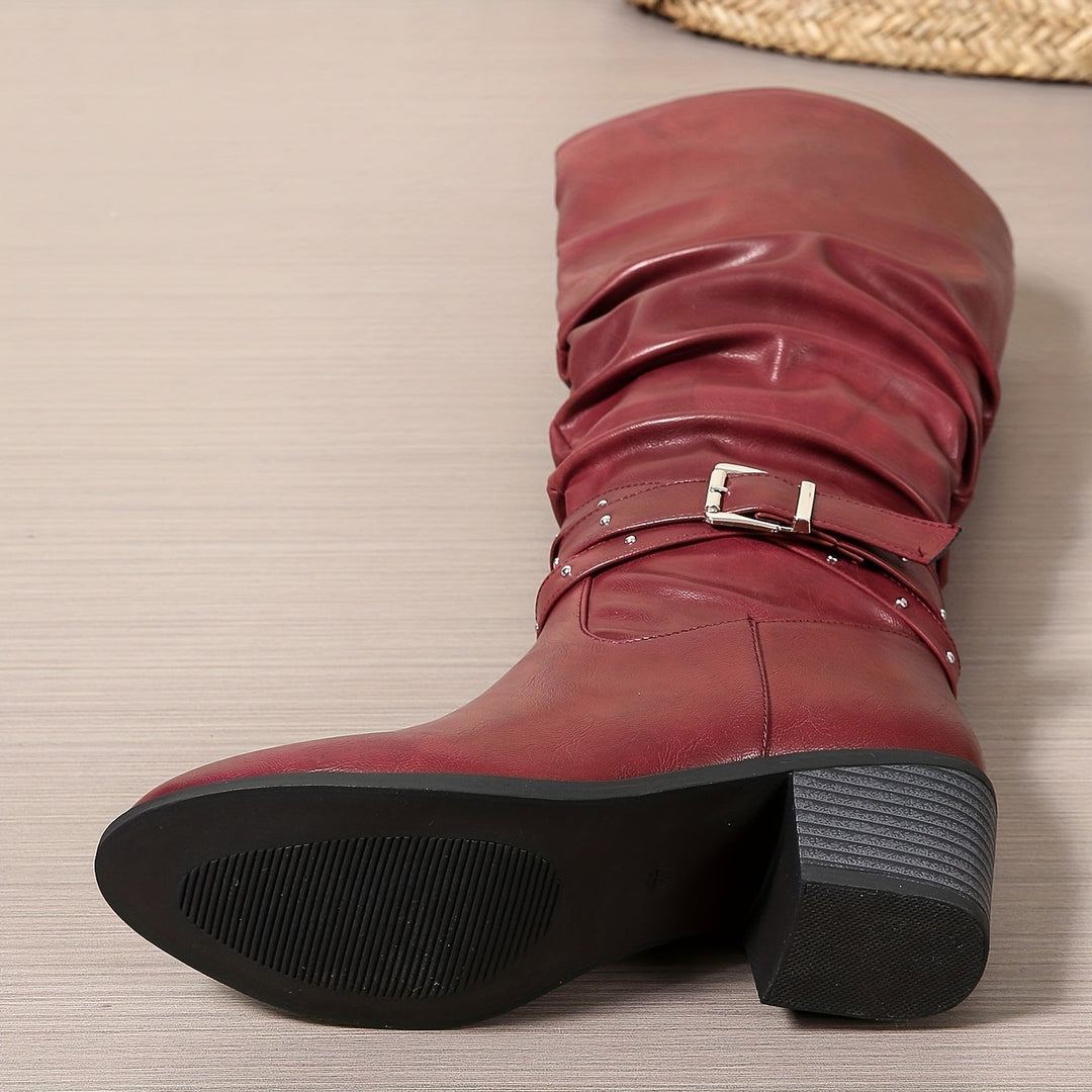 Damen Stiefel Schwarz Kniehoch Schnallen Blockabsatz Boots