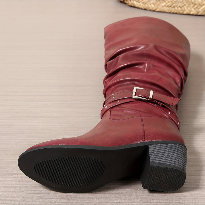 Damen Stiefel Schwarz Kniehoch Schnallen Blockabsatz Boots