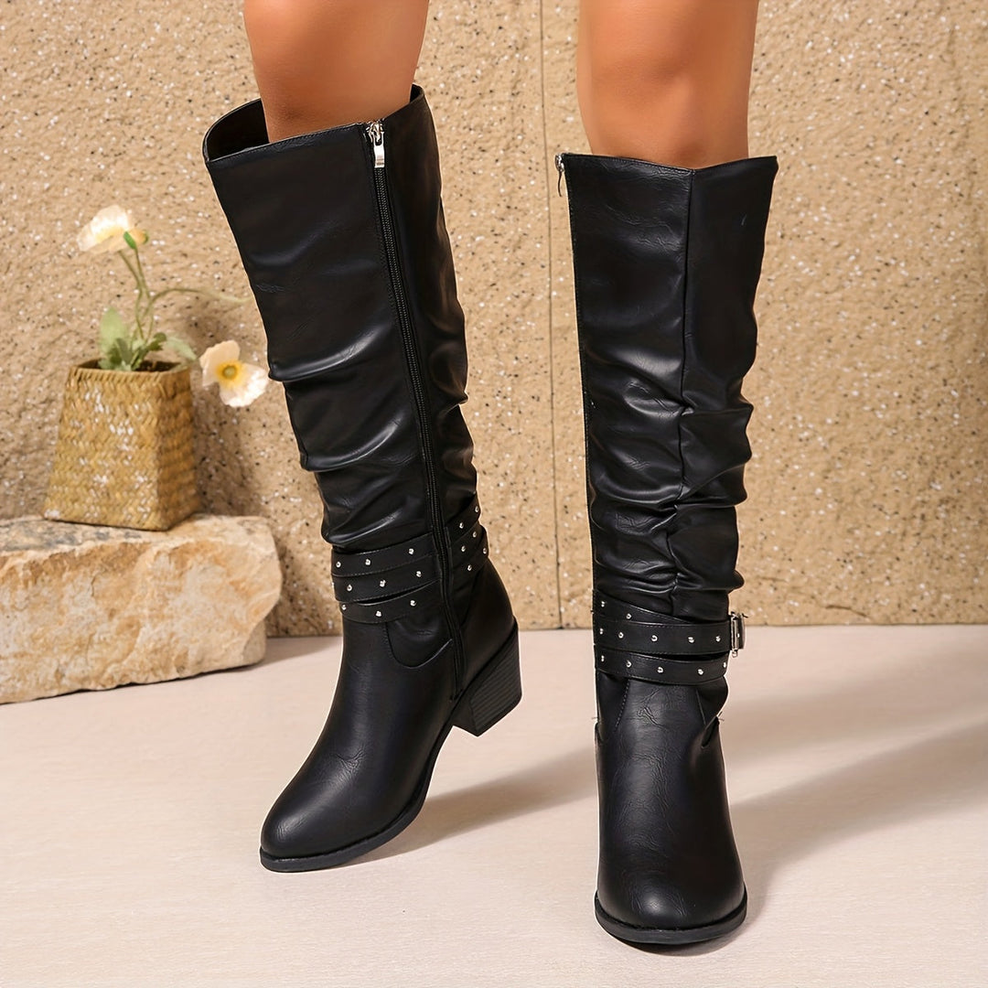Damen Stiefel Schwarz Kniehoch Schnallen Blockabsatz Boots