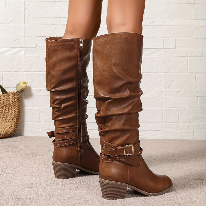 Damen Stiefel Schwarz Kniehoch Schnallen Blockabsatz Boots