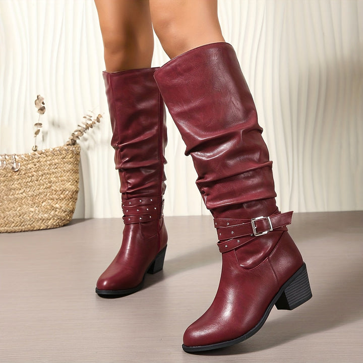 Damen Stiefel Schwarz Kniehoch Schnallen Blockabsatz Boots