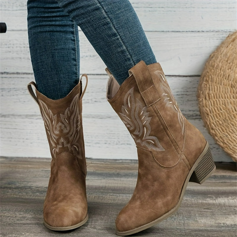 Damen Cowboystiefel Stickerei Blockabsatz Weiter Schaft Stiefel