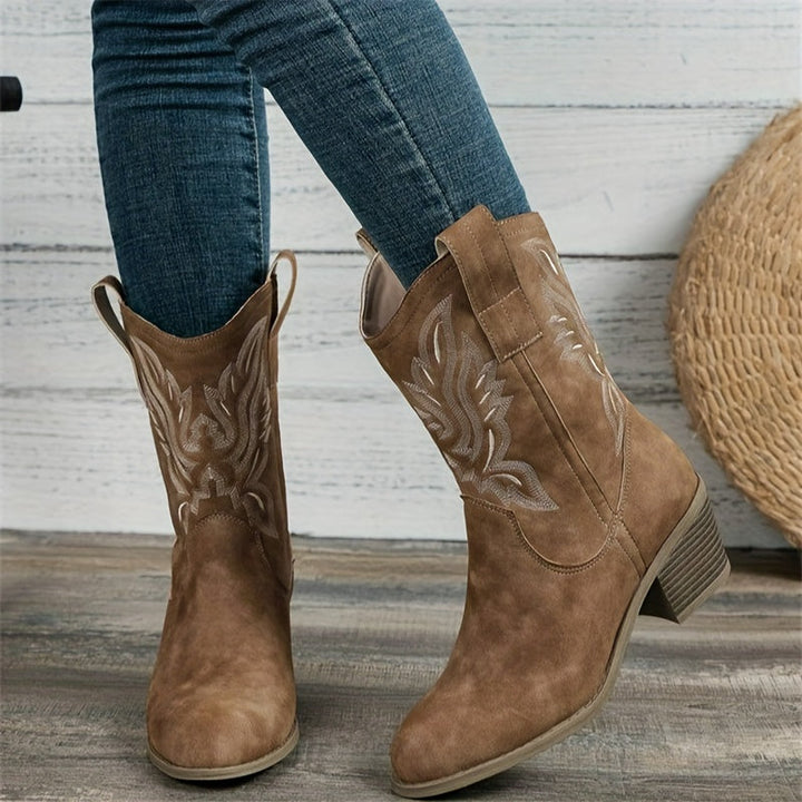 Damen Cowboystiefel Stickerei Blockabsatz Weiter Schaft Stiefel