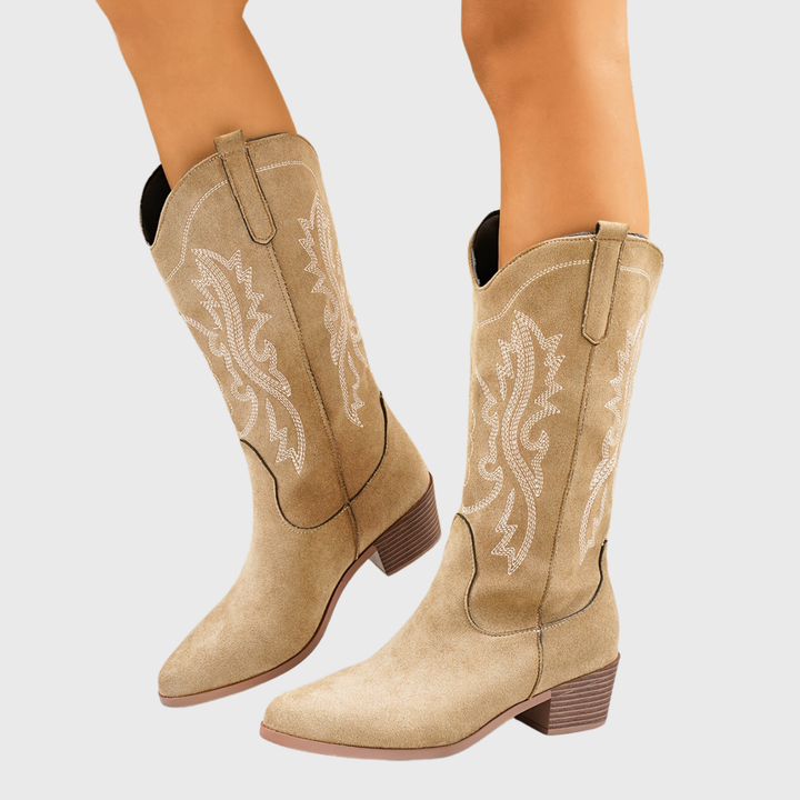 Damen Westernstiefel Weiter Schaft Stickerei Cowboystiefel