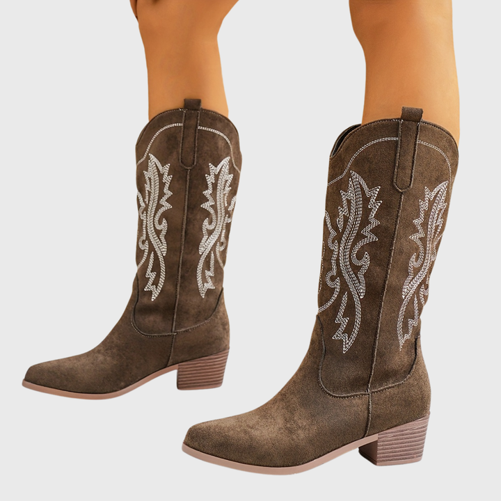 Damen Westernstiefel Weiter Schaft Stickerei Cowboystiefel