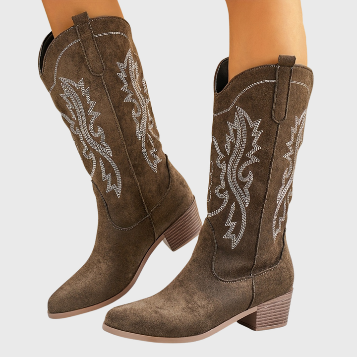 Damen Westernstiefel Weiter Schaft Stickerei Cowboystiefel