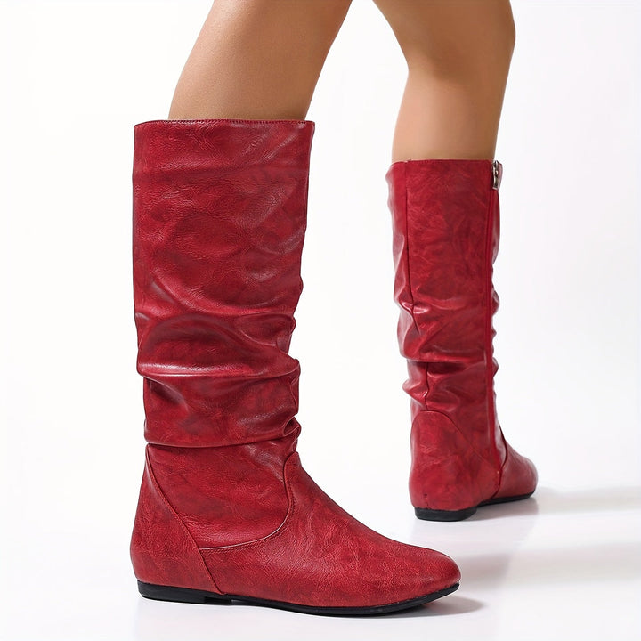 Damen Stiefel Kniehoch Flacher Absatz Reissverschluss Boots