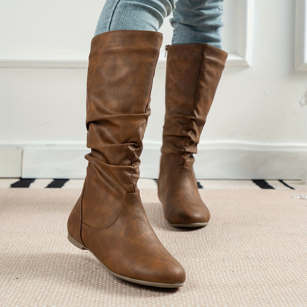 Damen Stiefel Kniehoch Flacher Absatz Reissverschluss Boots
