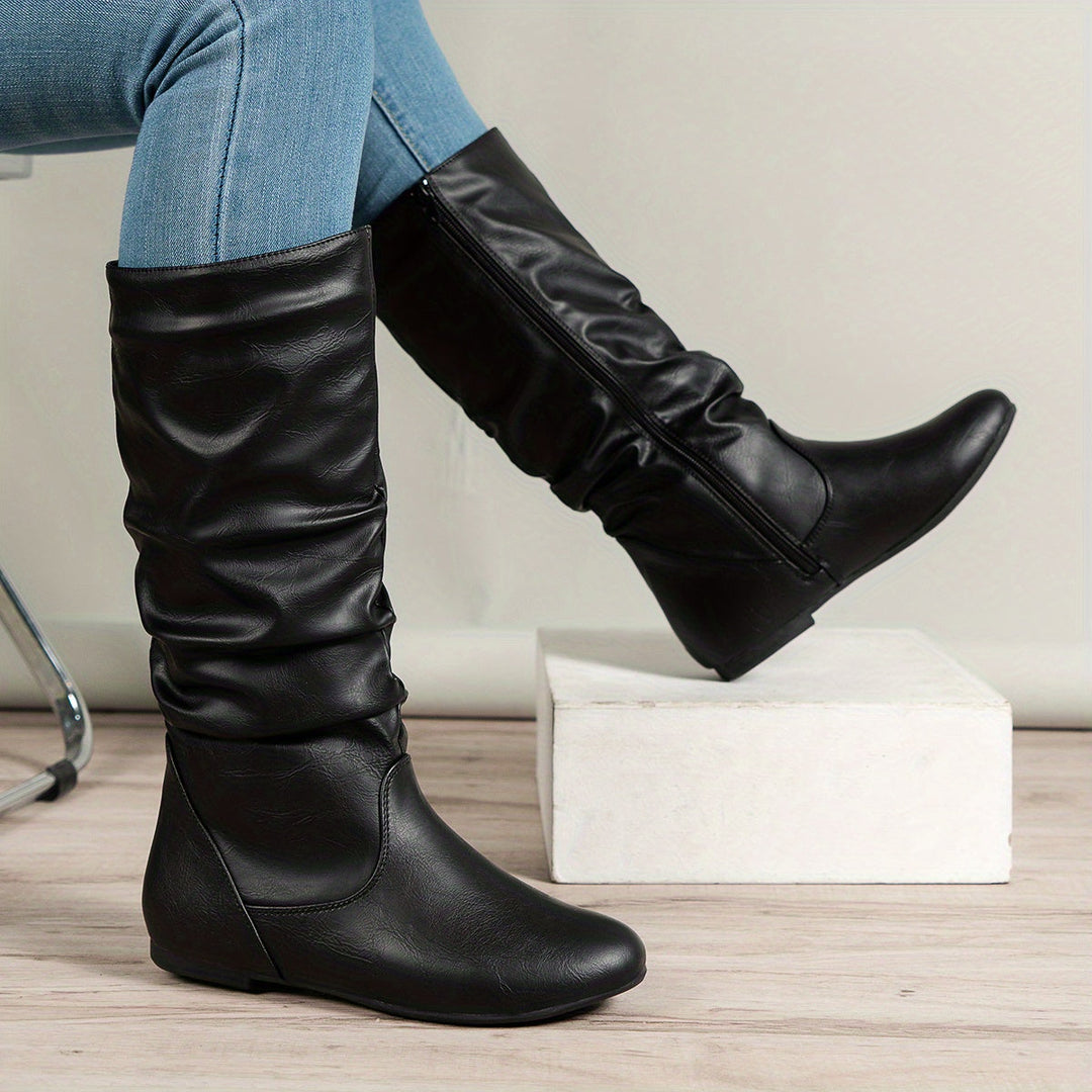 Damen Stiefel Kniehoch Flacher Absatz Reissverschluss Boots
