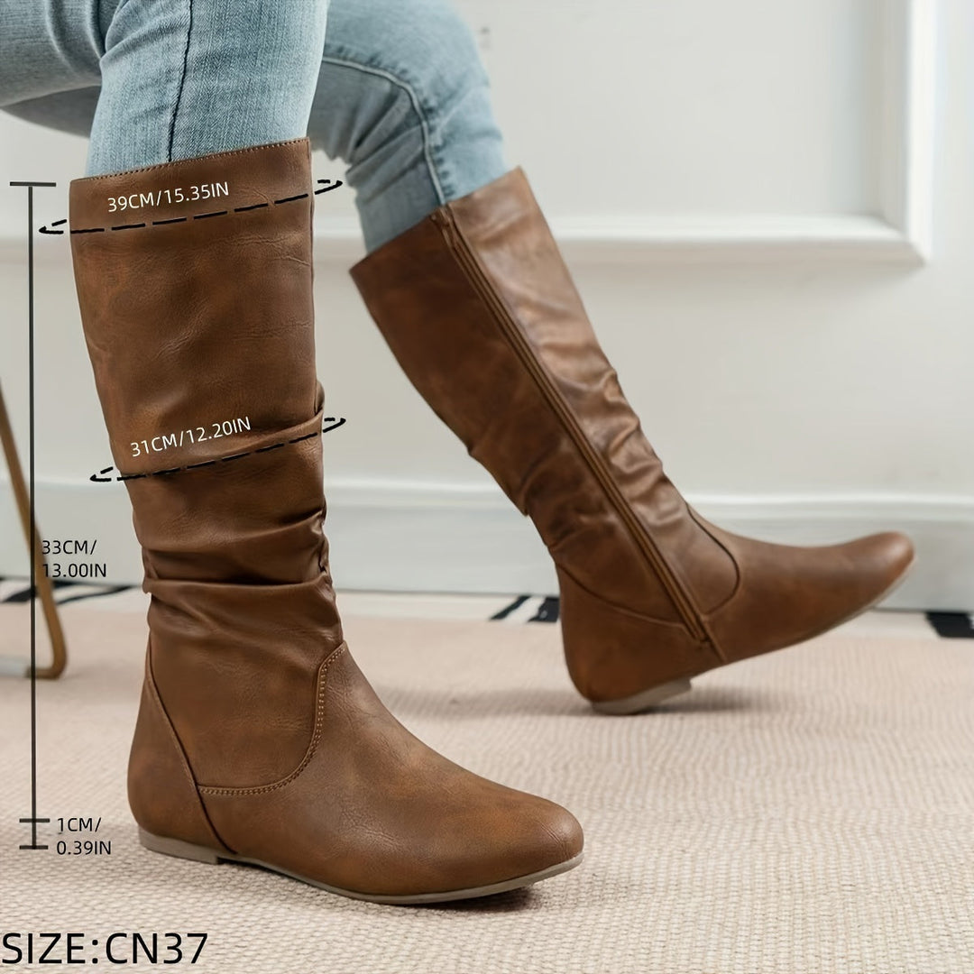 Damen Stiefel Kniehoch Flacher Absatz Reissverschluss Boots