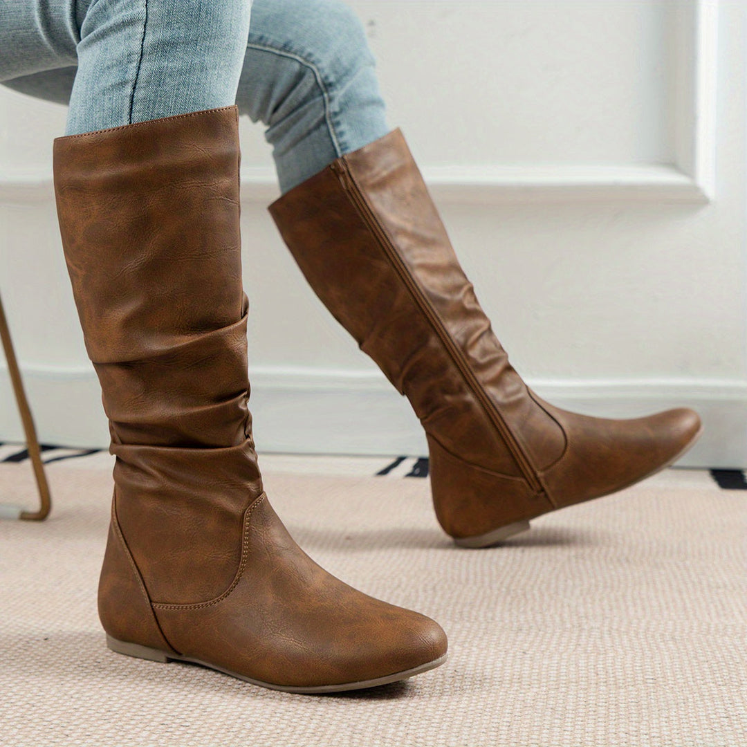 Damen Stiefel Kniehoch Flacher Absatz Reissverschluss Boots