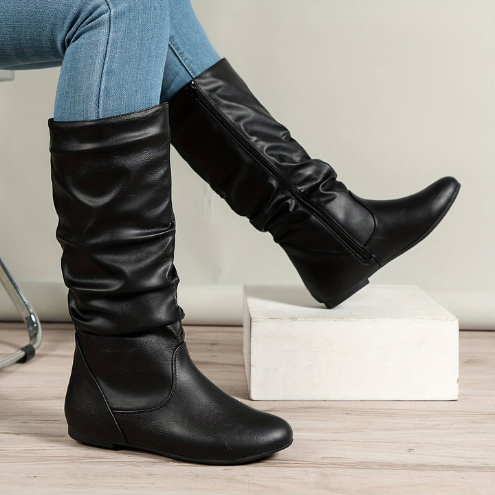 Damen Stiefel Kniehoch Flacher Absatz Reissverschluss Boots