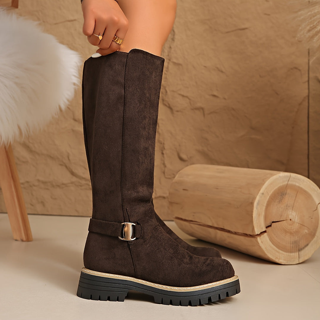 Damen Stiefel Kniehoch Blockabsatz Reissverschluss Boots
