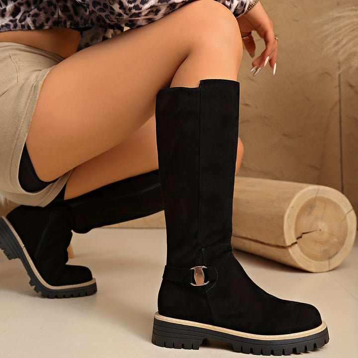Damen Stiefel Kniehoch Blockabsatz Reissverschluss Boots