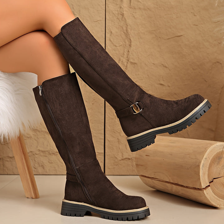 Damen Stiefel Kniehoch Blockabsatz Reissverschluss Boots