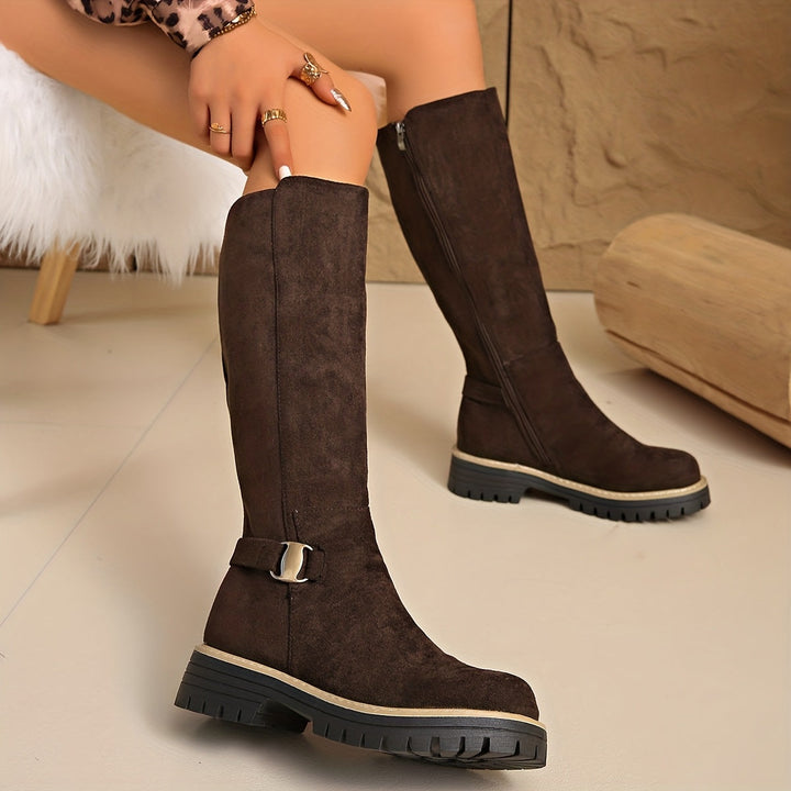 Damen Stiefel Kniehoch Blockabsatz Reissverschluss Boots