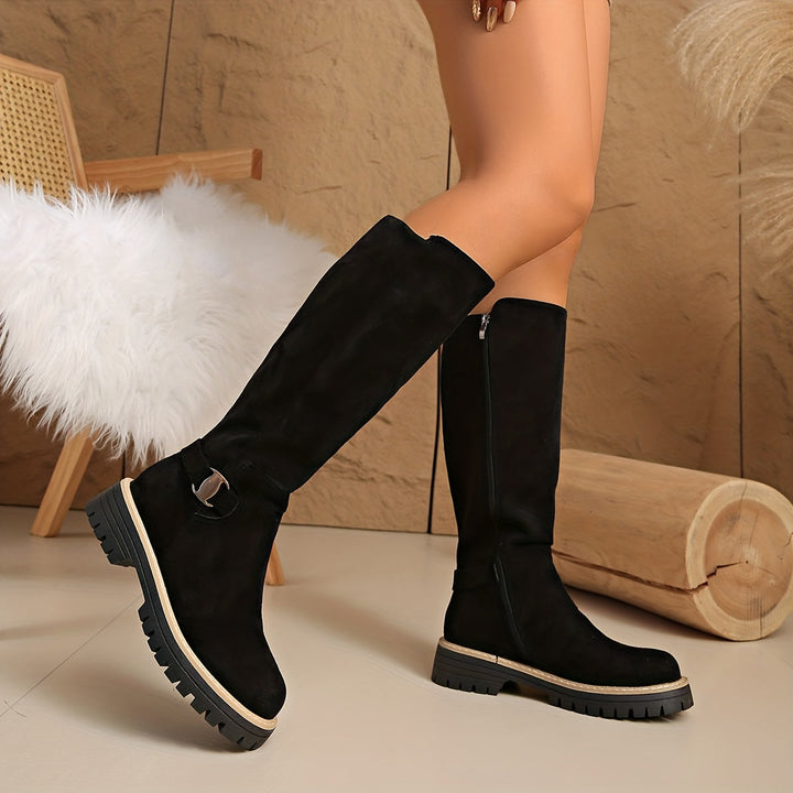 Damen Stiefel Kniehoch Blockabsatz Reissverschluss Boots