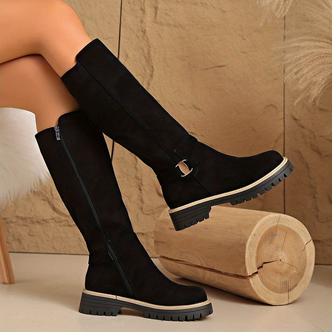 Damen Stiefel Kniehoch Blockabsatz Reissverschluss Boots