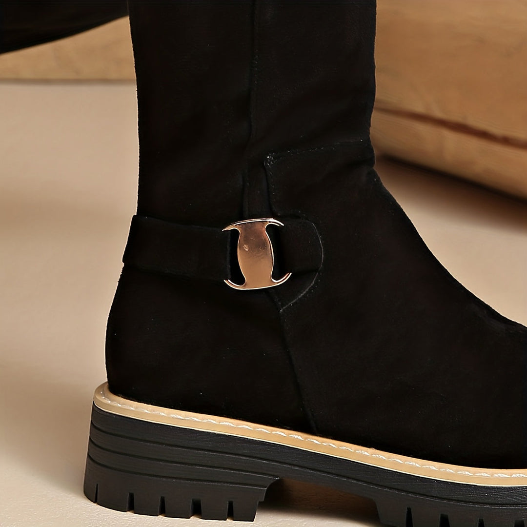 Damen Stiefel Kniehoch Blockabsatz Reissverschluss Boots