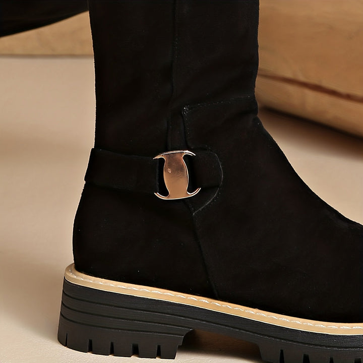 Damen Stiefel Kniehoch Blockabsatz Reissverschluss Boots