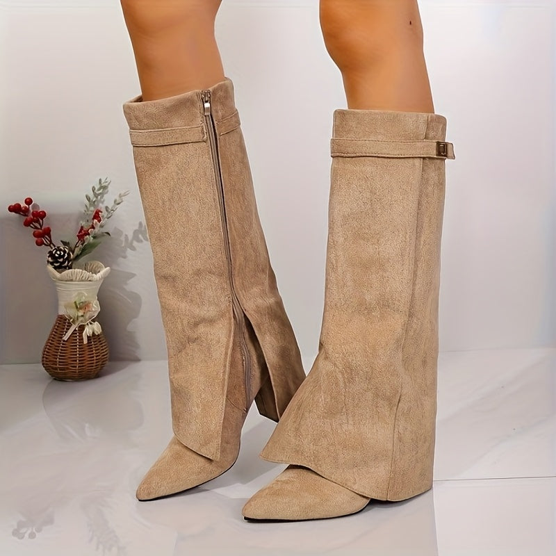 Damen Kniehohe Stiefel Blockabsatz Schnalle Winterstiefel