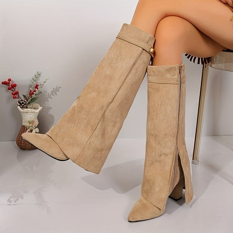 Damen Kniehohe Stiefel Blockabsatz Schnalle Winterstiefel