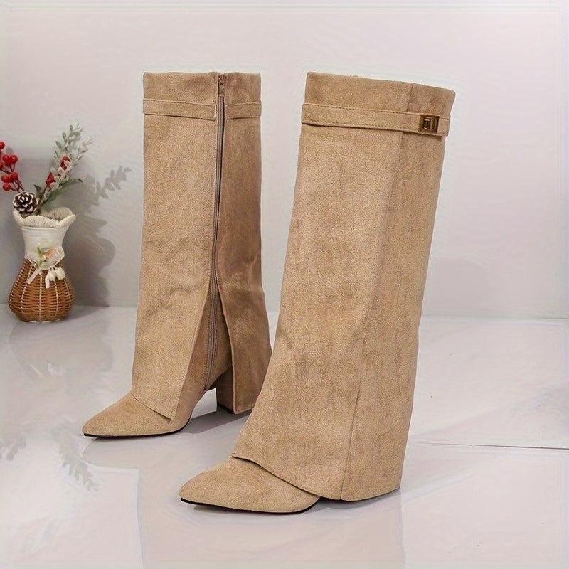 Damen Kniehohe Stiefel Blockabsatz Schnalle Winterstiefel