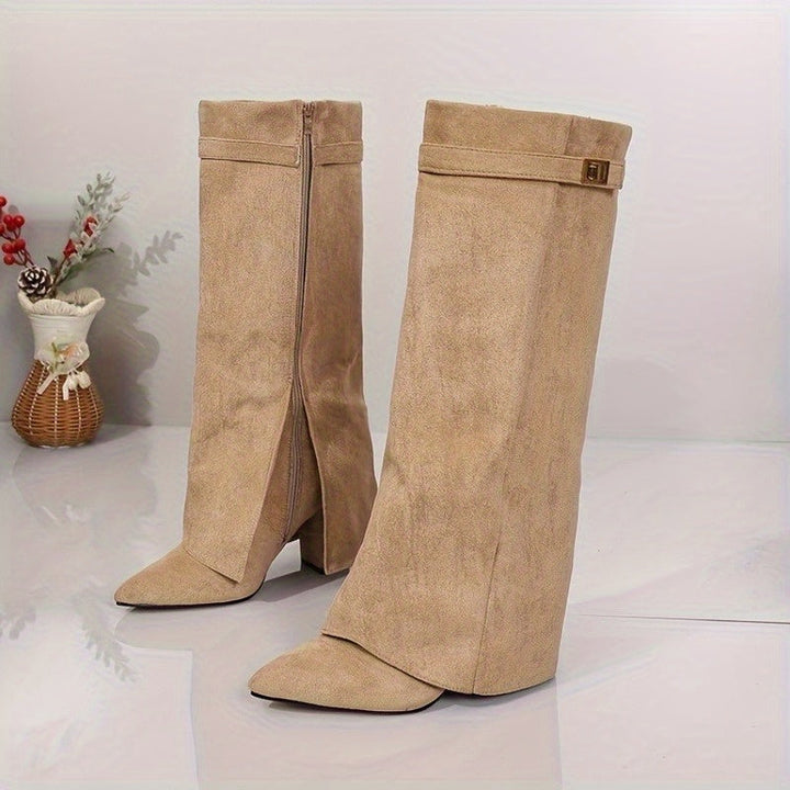 Damen Kniehohe Stiefel Blockabsatz Schnalle Winterstiefel