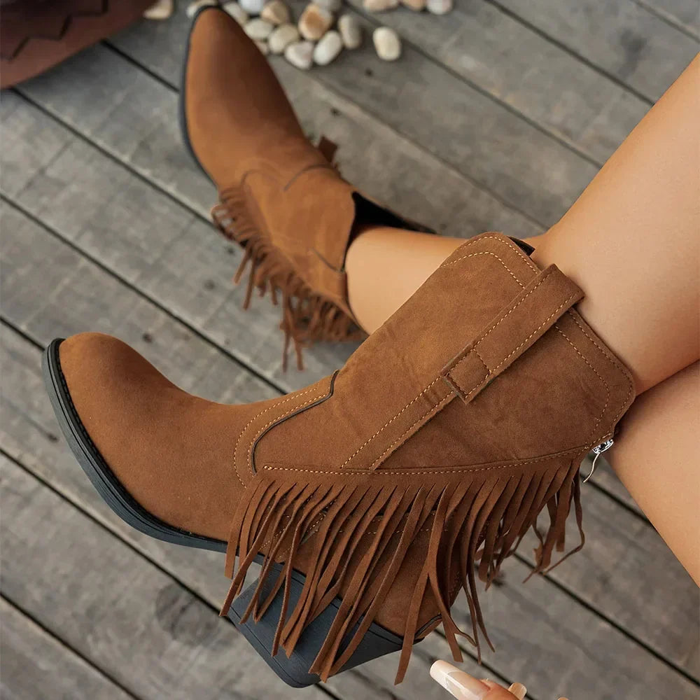 Damen Westernstiefel Fransen Blockabsatz Cowboystiefel
