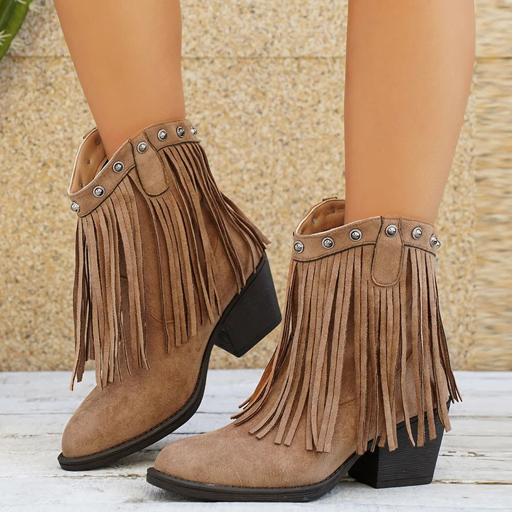 Damen Westernstiefel Fransen Blockabsatz Cowboystiefel