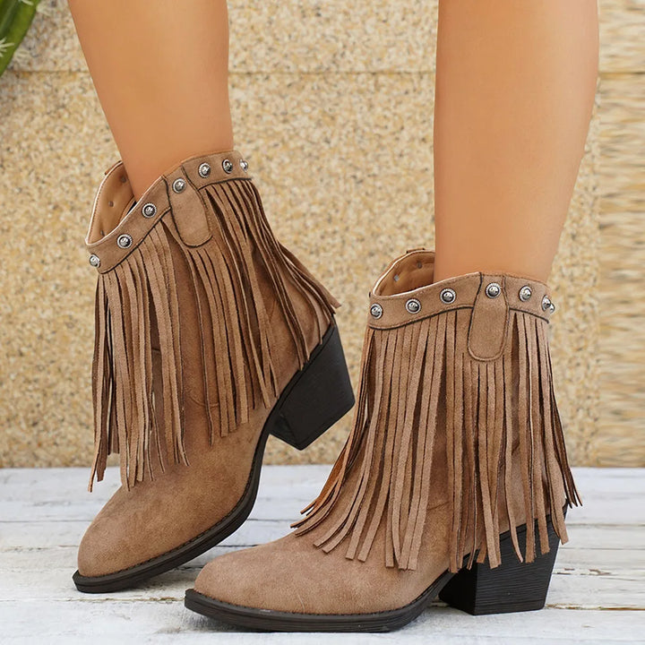 Damen Westernstiefel Fransen Blockabsatz Cowboystiefel