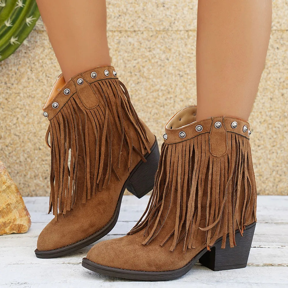 Damen Westernstiefel Fransen Blockabsatz Cowboystiefel