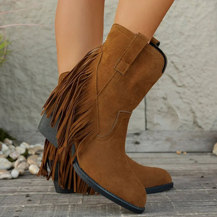 Damen Westernstiefel Fransen Blockabsatz Cowboystiefel
