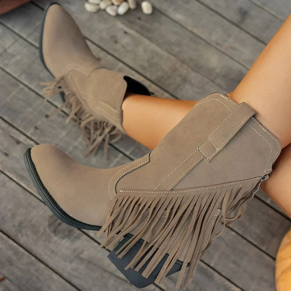 Damen Westernstiefel Fransen Blockabsatz Cowboystiefel