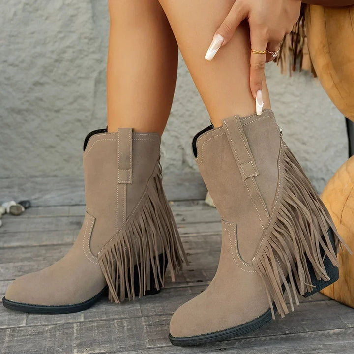 Damen Westernstiefel Fransen Blockabsatz Cowboystiefel