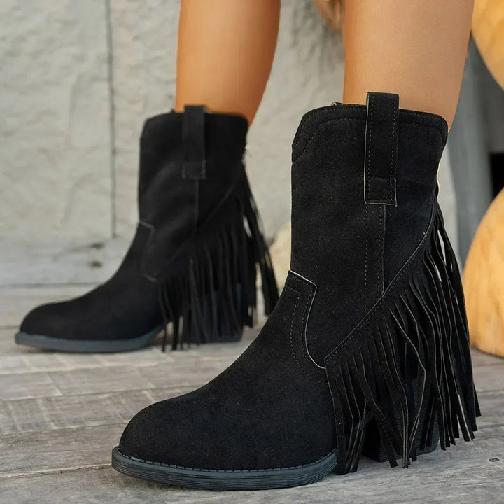 Damen Westernstiefel Fransen Blockabsatz Cowboystiefel