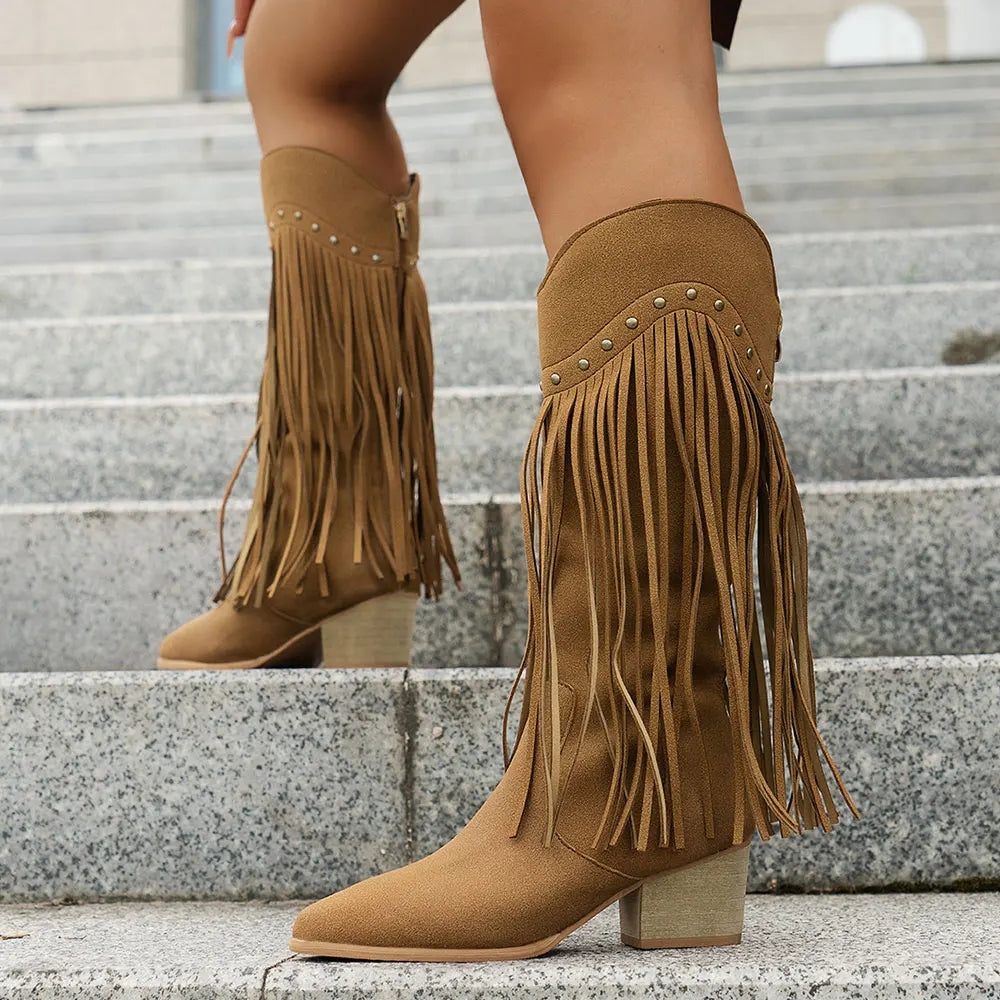 Damen Westernstiefel Fransen Blockabsatz Cowboystiefel
