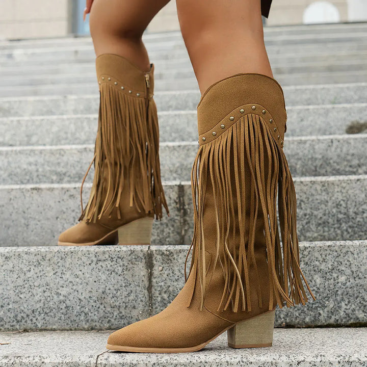 Damen Westernstiefel Fransen Blockabsatz Cowboystiefel