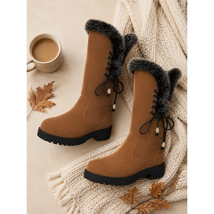 Damen Winterstiefel Kniehoch Kunstfell Blockabsatz Winterschuhe