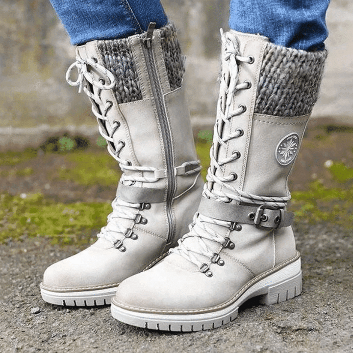 Damen Winterstiefel Schnürung Strickbund Warme Winterschuhe