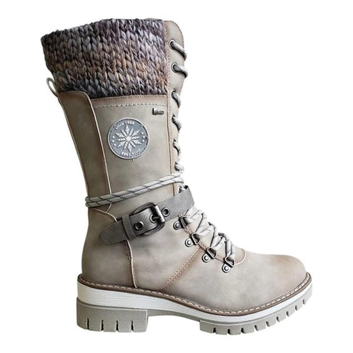 Damen Winterstiefel Schnürung Strickbund Warme Winterschuhe